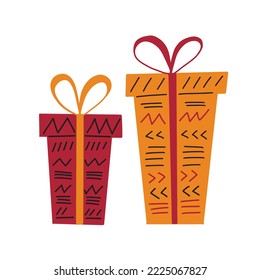 2 gift boxes in simple hand drawn style decorated with ribbon, bow, paper with tribal ethnic ornaments - lines, triangles. Kwanzaa presents Zawadi cute clip art. Vector illustration isolated on white