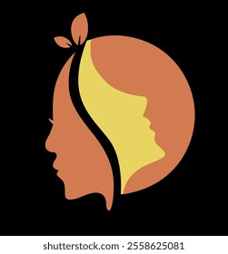 2 girl faces illustration with half moon illustration and black background. negative design for print media. 2 leaves above the 2 face design in yellow and orange color. circle logo with abstract art