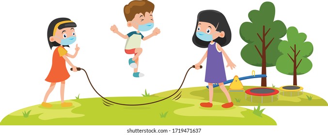 2 girls and 1 boy are using medical mask while playing jumping rope together illustration