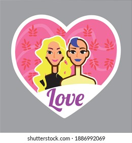 2 girls in the background in the shape of a heart with an inscription: love