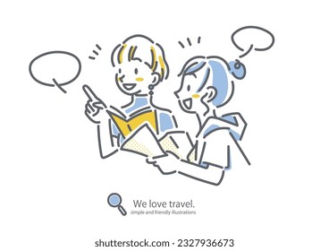 2 girls enjoying travel, line illustration