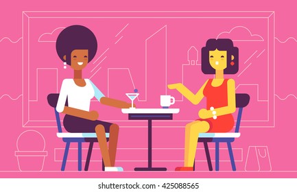 2 girls talking in cafe. Vector illustration.