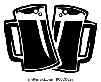 2 glass mugs of beer, jugs of beer with foam, alcoholic beverage, brewery or beer party symbol, vector, illustration, in black and white color, isolated on white background