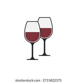 2 icono de vino de vidrio. Icono de dos copas de vino de pie uno al lado del otro con vino tinto en el interior. Ilustración vectorial.