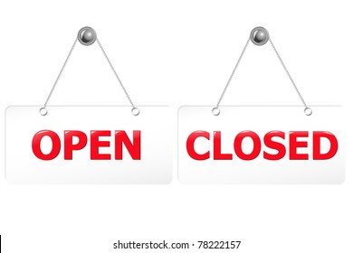 2 Glossy Open And Closed Door Signs Board, Isolated On White Background, Vector Illustration