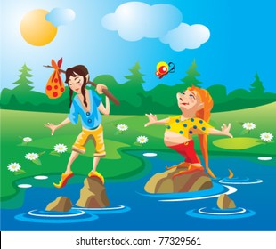 2 gnomes - thick and thin - go across the river