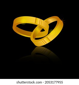 2 anillos dorados 3D conectados entre sí deslumbrante resplandor adecuado para anuncios, tarjetas, tarjetas de invitación sobre un fondo negro.