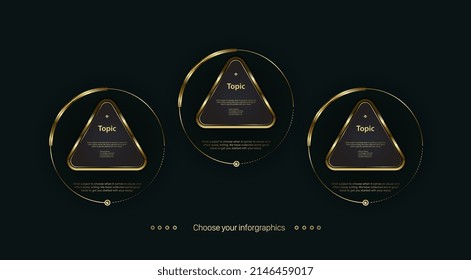 2 Golden rectangle buttons, objects, elements on dark background. Three premuim banners or web buttons uesd for steps and work flow. vector golden options design