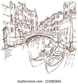 2 gondolas. Ponte del Mondo Novo, Campo S.Maria Formosa. Venice, Italy. Vector sketch