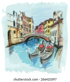 2 gondolas. Ponte del Mondo Novo, Campo S.Maria Formosa. Venice, Italy. Vector illustration. Eps10