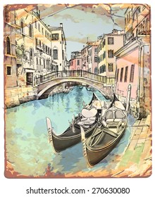 2 gondolas. Ponte del Mondo Novo, Campo S.Maria Formosa. Venice, Italy. Vector illustration / Eps10