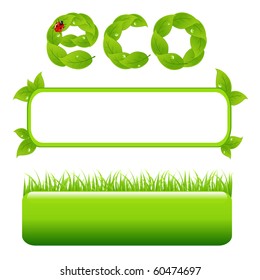 2 Green Banners And Inscription From Leaves, Isolated On White Background, Vector Illustration
