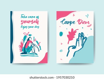 2 greeting cards set template design, pastel colors with lettering. Modern, trendy abstract art concept with sitting people and hand in landscape and in boho style. Vector backgrounds illustration.