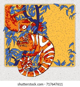 2  hand drawn chameleons on a branch with blue leaves for your cards and design