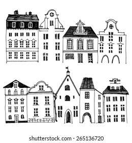 2 hand drawn houses borders on white background