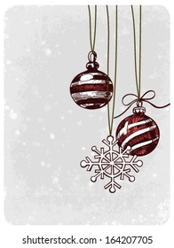2 hand - drawn red baubles and snowflake ornament on green geometrical background with  old paper texture, Christmas background