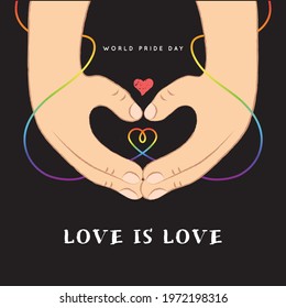 2 hand making heart shape gesture with rainbow color line. World Pride Day hand sign with "Love is Love" in flat vector design. LGBTQ rights concept art.