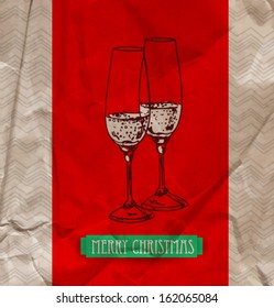 2 Hand-drawn glasses with , green ribbon on  red background with old wrinkled paper texture