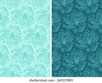 2 Hand-drawn natural seamless patterns. Flowers, leaves and beetles. Vector