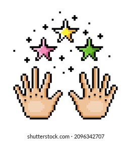 2 hands with 3 stars and sparkles, pixel art illustration isolated on white background. Concept of giving and sharing. Magic trick. Witchcraft symbol. 8 bit print. Success symbol. Award winner emblem