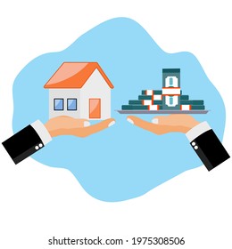 2 hands exchanging property, house and money, real estate investment concept. Investment in residential 