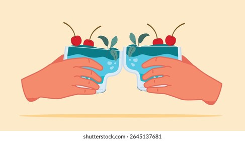 2 hands holding glasses and toasting. Summer appetizer decorated with cherries