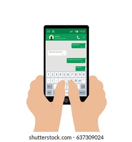 2 Hands holding mobile phone. Vector illustration. Social network concept. Vector. Messenger window. Chating and messaging concept. Green chat boxes.