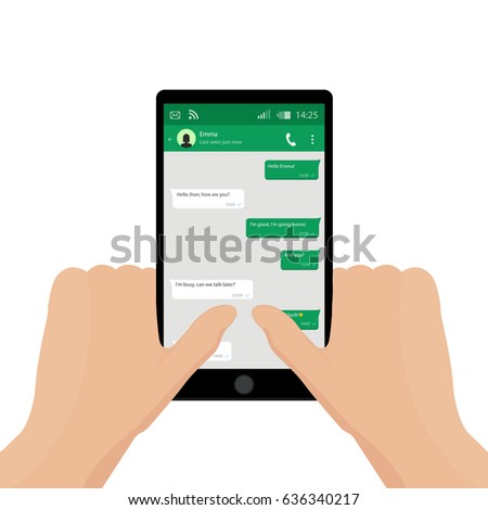 2 Hands holding mobile phone. Vector illustration. Social network concept. Vector. Messenger window. Chating and messaging concept. Green chat boxes.