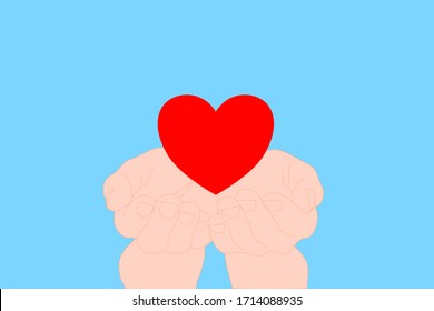 Dos manos sostienen el corazón rojo sobre fondo azul. Vacaciones, Alentar, amor, ayuda, caridad, donar, concepto de salud. Vector de ilustración.