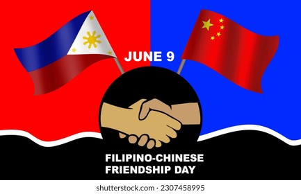 2 hands shaking with Philippines and china flags and bold text commemorating Philippines-China Friendship Day on June 9th. celebrate the cordial friendship between the Philippines and China