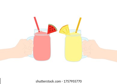 2 Hands are holding​ a smoothie juice in a glass cup with fruit slice on top (pineapple and watermelon). A cold soft drink for summer. Healthy beverage. Vitamin C food. A Product advertisement.
