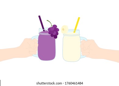 2 Hands are holding​ a smoothie juice in a glass cup with fruit slice on top (grape and banana). A cold soft drink for summer. Healthy beverage. Vitamin C food. A takeaway Product advertisement.