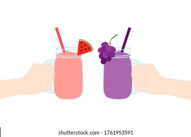 2 Hands are holding​ a smoothie juice in a glass cup with fruit slice on top (grape and watermelon). A cold soft drink for summer. Healthy beverage. Vitamin C food. A takeaway Product advertisement.