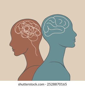 Silhueta de 2 cabeças. Metáfora do transtorno bipolar mental. Rosto duplo com o cérebro emaranhado e desemaranhado. Transtorno do humor conceitual. Personalidade dividida. Psicologia. Saúde mental. Psiquiatria