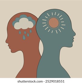 Silhueta de 2 cabeças. Metáfora do transtorno bipolar mental. Face dupla com o símbolo de uma chuva nebulosa e o sol. Transtorno do humor Conceito. Psicologia. Saúde mental. Personalidade dividida