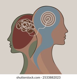 Silhueta de 2 cabeças. Metáfora do transtorno bipolar mental. Rosto duplo com o cérebro emaranhado e desemaranhado. Transtorno do humor conceitual. Saúde mental. Personalidade dividida. Psicologia