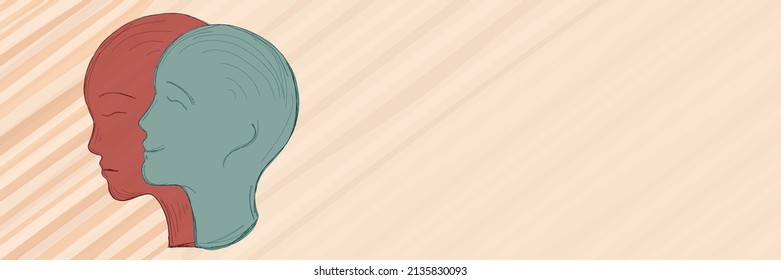 2 Head silhouette.Psychology. Metaphor bipolar disorder mind mental. Double face. Split personality. Concept mood disorder. Dual personality concept. Mental health. Copy space