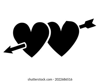 2 corazones con flecha, concepto de cupido de amor, amargo, amoroso, romántico y símbolo de amor, vector, ilustración en color negro y blanco, aislado en fondo blanco 
