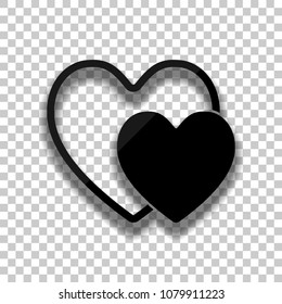 2 hearts. Simple icon. Black glass icon with soft shadow on transparent background