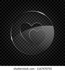 2 hearts. Simple icon. Icon in circle glass bubble on dark transparent grid. Glass style