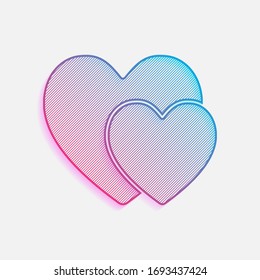 2 hearts. Simple icon. Colored logo with diagonal lines and blue-red gradient. Neon graphic, light effect