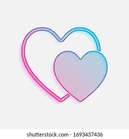 2 hearts. Simple icon. Colored logo with diagonal lines and blue-red gradient. Neon graphic, light effect