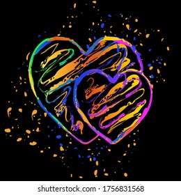 2 hearts. Simple icon. Colored ink with splashes on black background