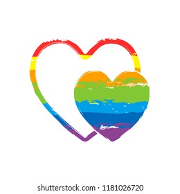2 hearts. Simple icon. Drawing sign with LGBT style, seven colors of rainbow (red, orange, yellow, green, blue, indigo, violet