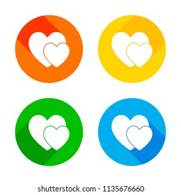 2 hearts. Simple icon. Flat white icon on colored circles background. Four different long shadows in each corners