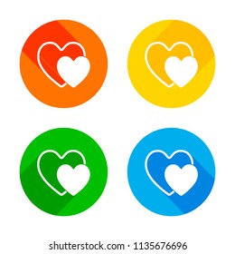 2 hearts. Simple icon. Flat white icon on colored circles background. Four different long shadows in each corners