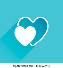 2 hearts. Simple icon. Gray icon with long shadow in bottom left corner on blue background