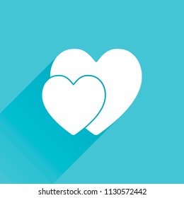 2 hearts. Simple icon. Gray icon with long shadow in bottom left corner on blue background