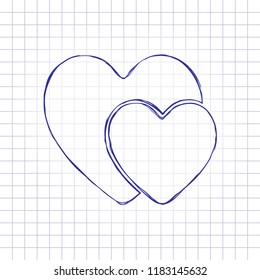 2 hearts. Simple icon. Hand drawn picture on paper sheet. Blue ink, outline sketch style. Doodle on checkered background