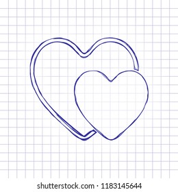 2 hearts. Simple icon. Hand drawn picture on paper sheet. Blue ink, outline sketch style. Doodle on checkered background